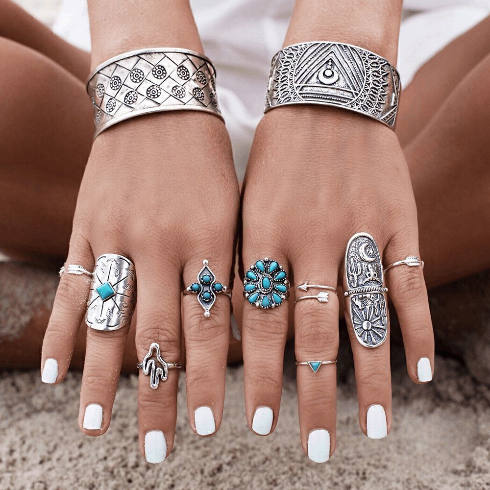 SILVER TURQUOISE BOHO WESTERN TRIBAL RINGS - 9 PIECE SET